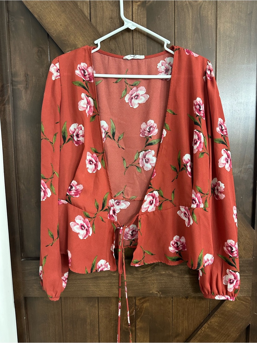 Floral Tie-Front Blouse in Rust with Pink Bloom